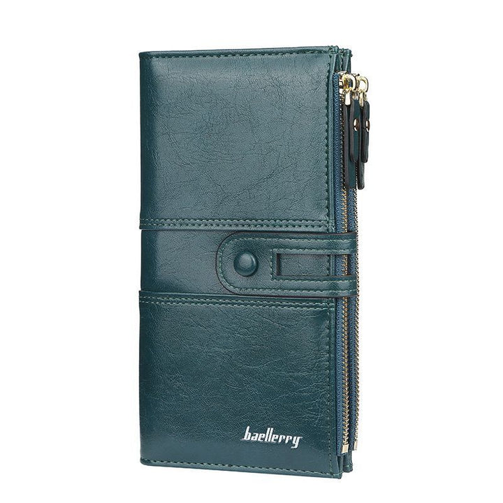 Women's classic double zip wallet open showing multiple card slots and compartments