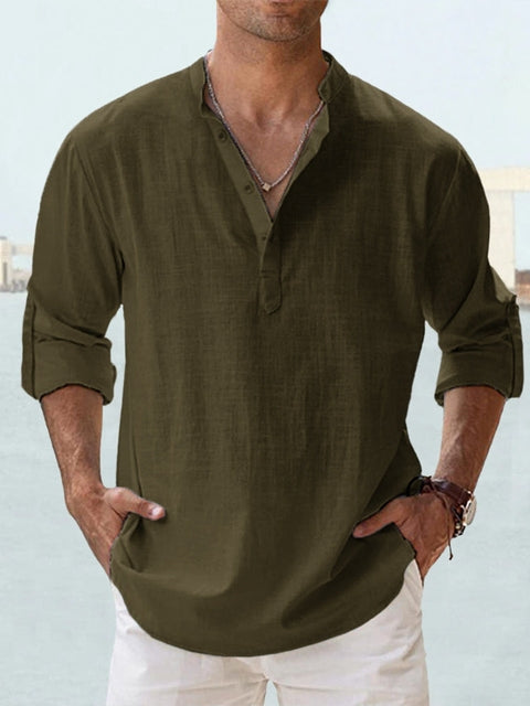 Lifestyle shot of man wearing breathable long sleeve button-up shirt