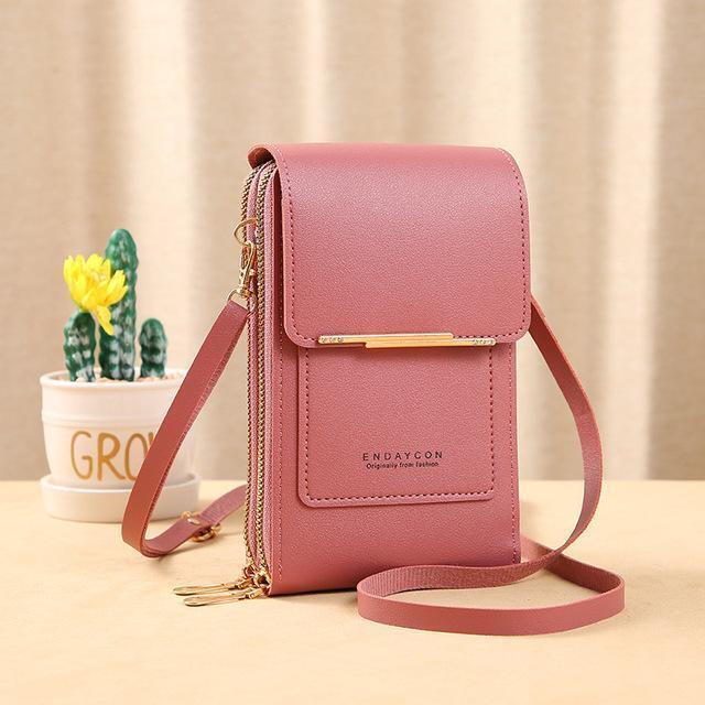 Back side of womens wallet featuring external slip pocket for cards