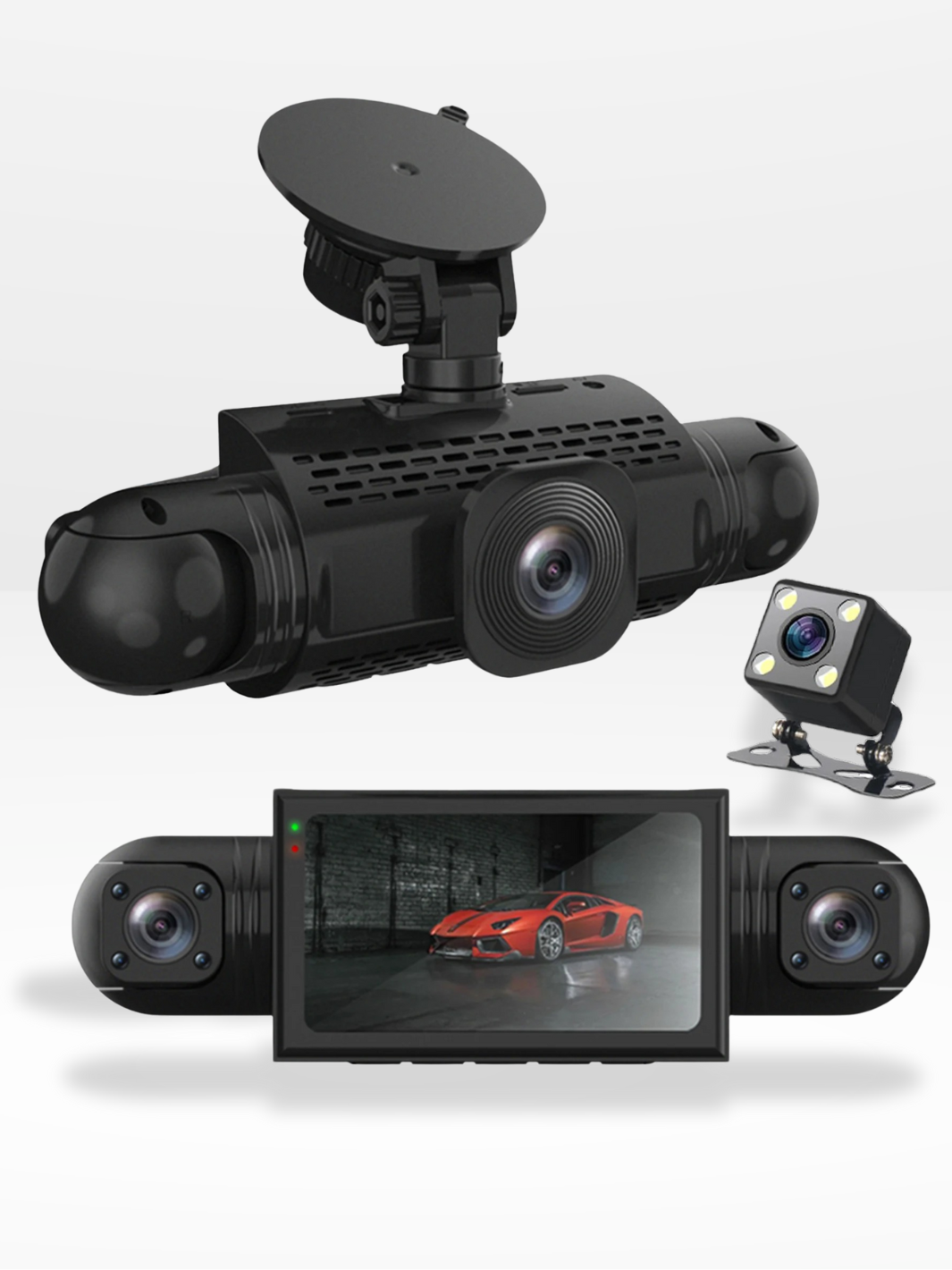 Black 360 degree car dashcam unit with suction mount and secondary rear camera