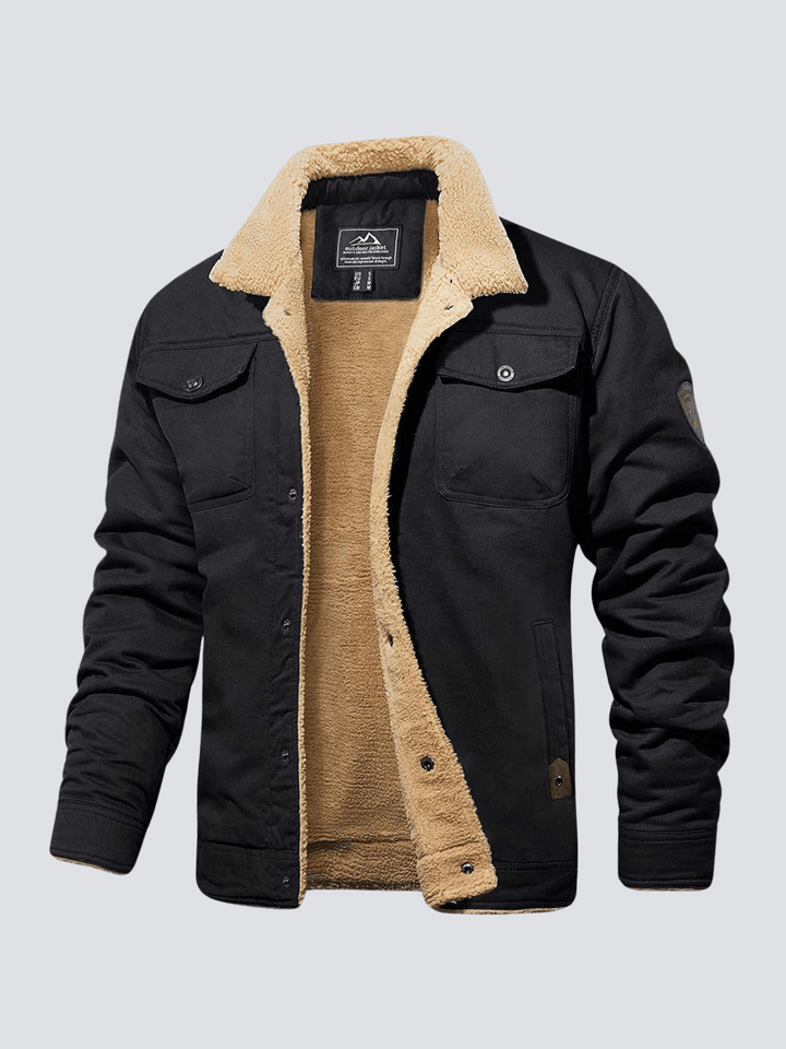Men's black stylish bomber jacket with front button closure and plush collar lining