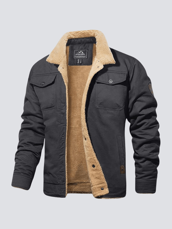 Men's dark gray bomber jacket featuring utility pockets and warm inner lining