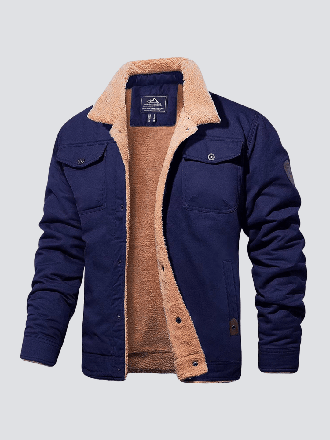Men's blue casual bomber jacket showcasing structured shoulders and long sleeves