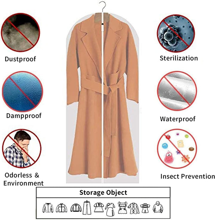 Assorted size clear PEVA garment bags protecting various apparel items