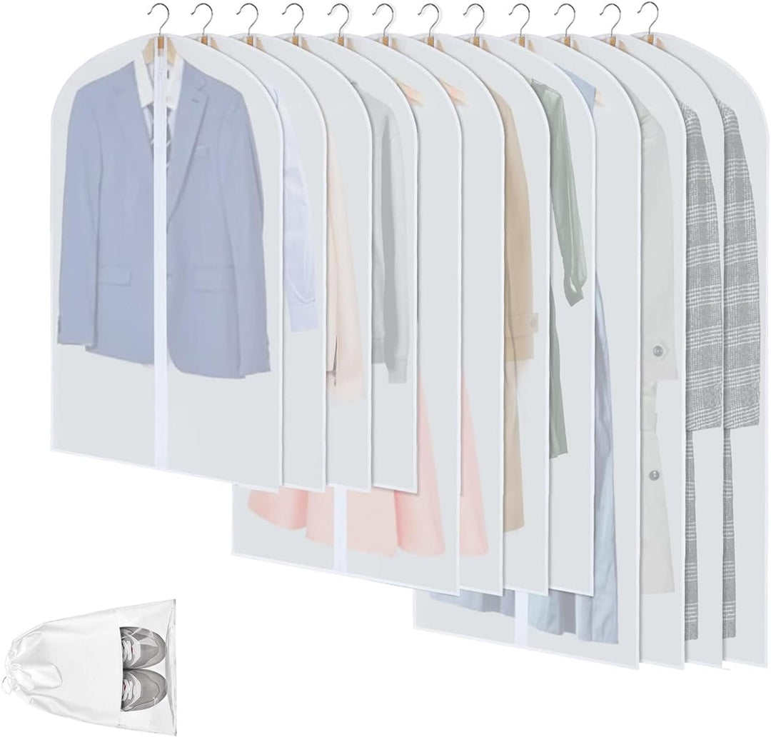 Clear PEVA garment storage bags hanging with various clothes inside