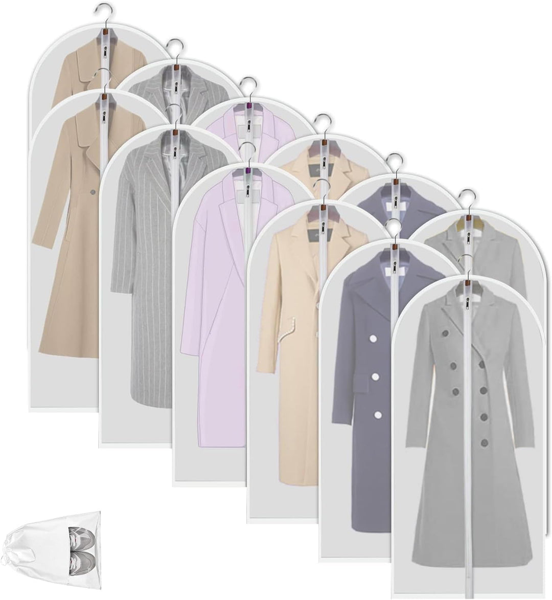 Clear garment bags hanging in a row maximizing closet space efficiently