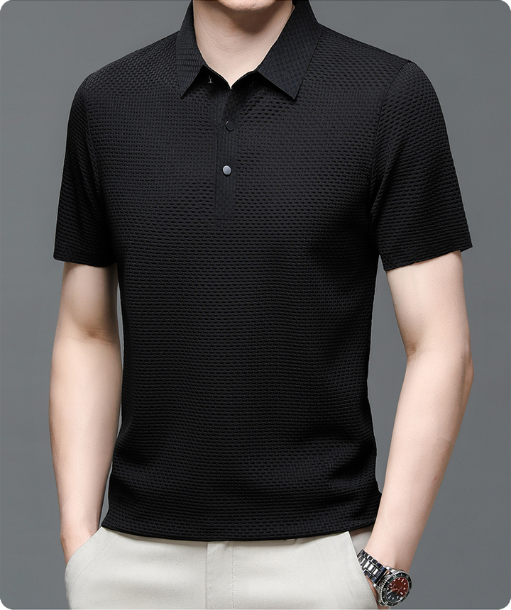 Flat lay of breathable mesh polo shirt for warm weather