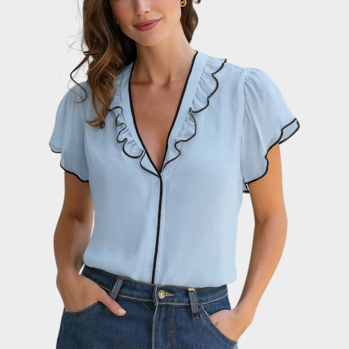 Casual women's short sleeve blouse with ruffled V-neck in summer fashion style
