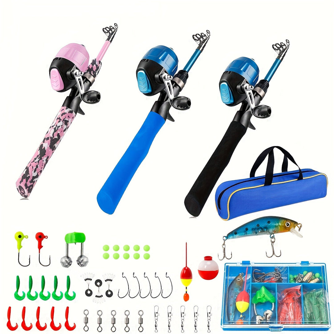Complete telescopic fishing rod and reel set with tackle box, bait, and blue carry bag