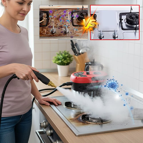 Woman using a red portable steam cleaner on a kitchen stove