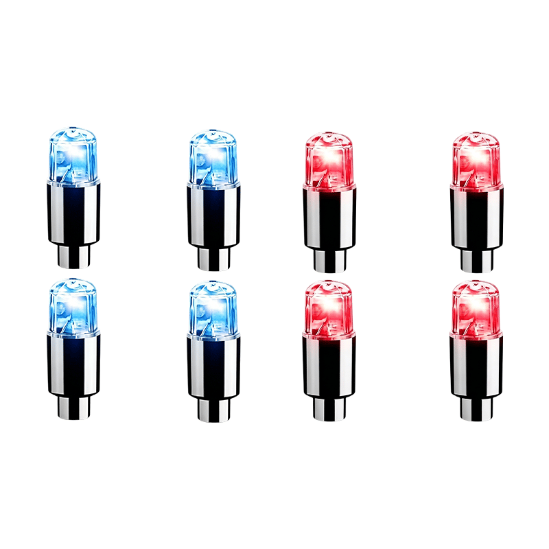 Blue and red LED tire valve cap lights set against a white background