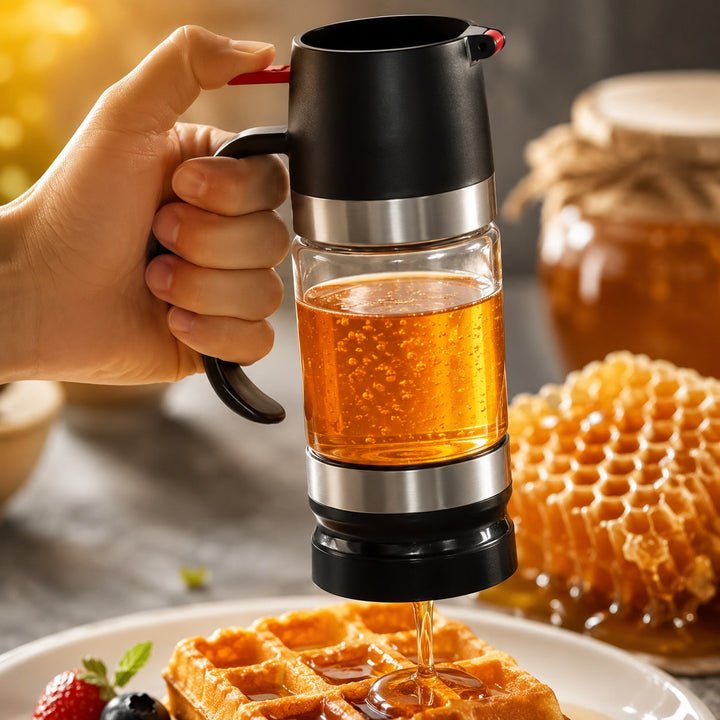 Hand holding glass honey and syrup dispenser over waffles