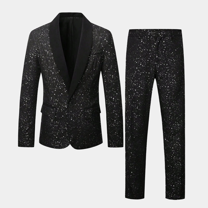 Mens black glitter suit jacket featuring a classic lapel and single button closure