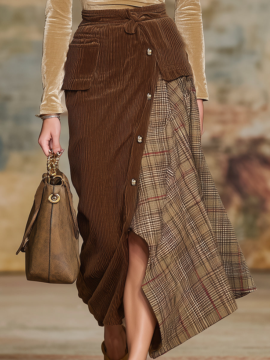 Close-up of the brown textured skirt with patchwork plaid paneling and button accents