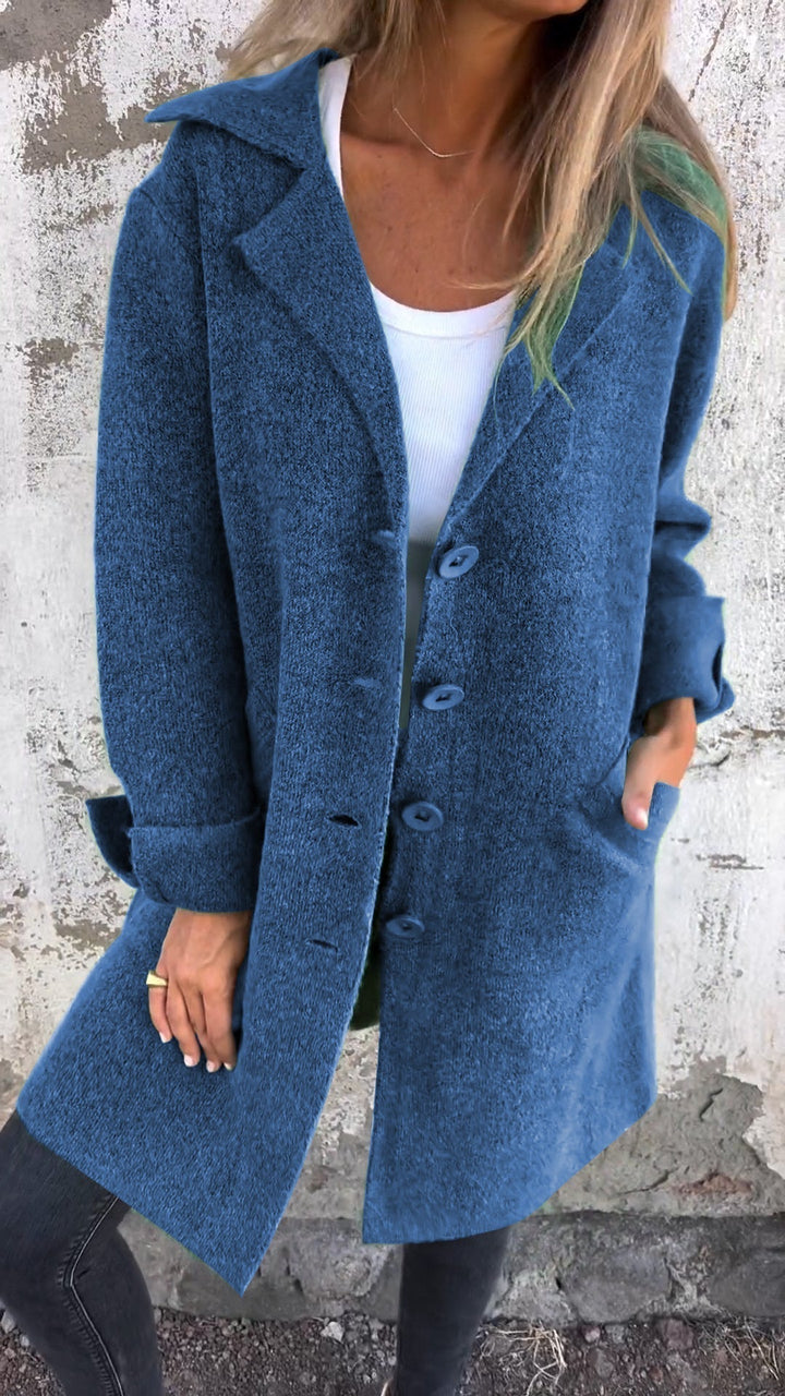 Side profile of the elegant long knit coat for women's wear