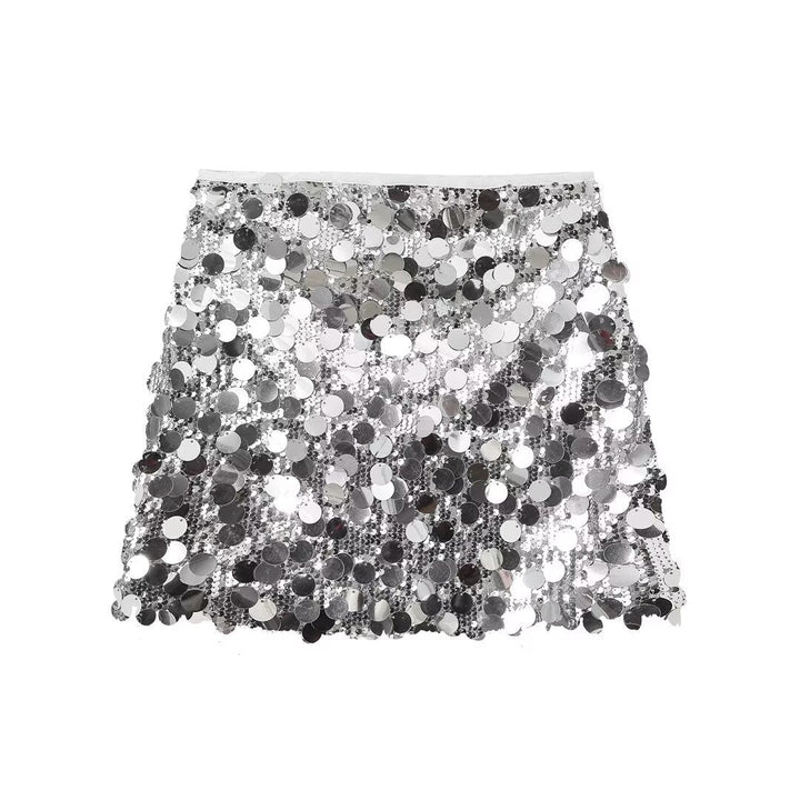 Detailed close-up of sequin mini skirt texture, sparkling party wear fabric