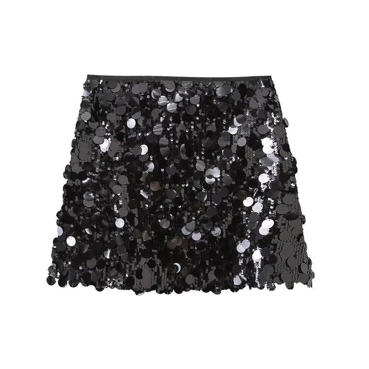 Flat lay view of the black sequin mini skirt showcasing all-over sequins