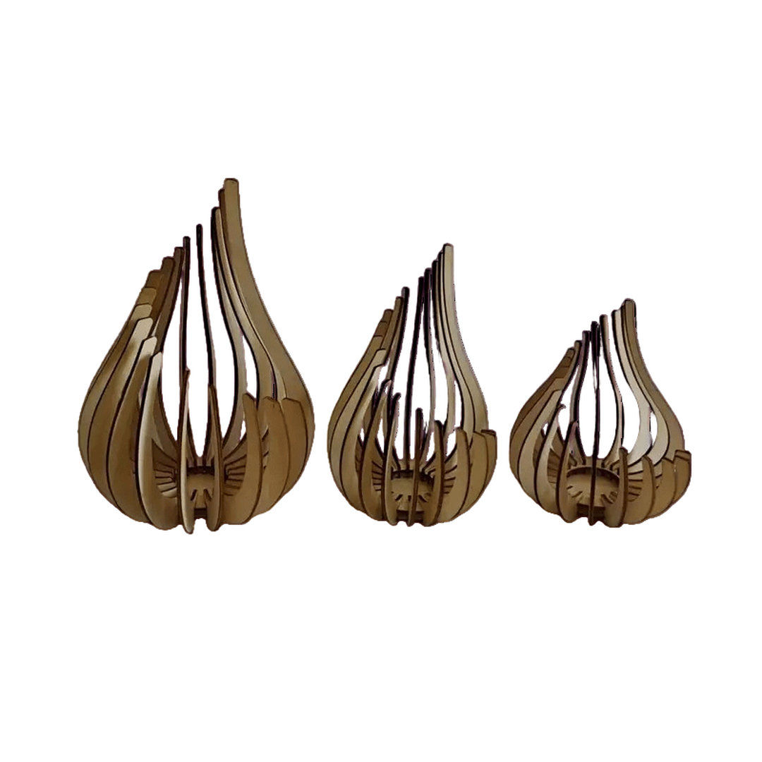 Three tear-drop shaped decorative candle holders in brown against a white background
