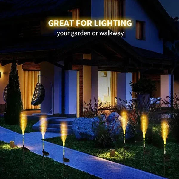 Close-up view of the illuminated solar reed light for patio decor
