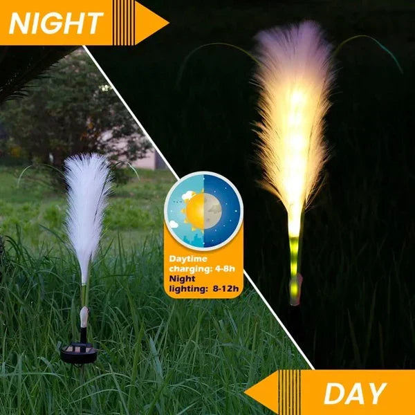 Outdoor decor reed lamp casting warm LED glow in a modern garden