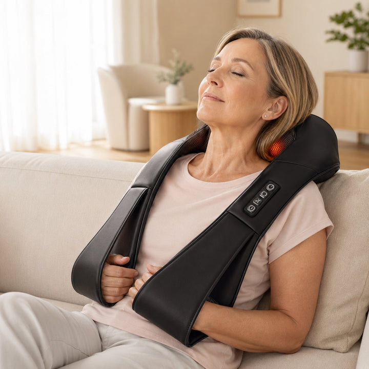 Mature woman relaxing on a sofa while using the black heated neck and shoulder massager
