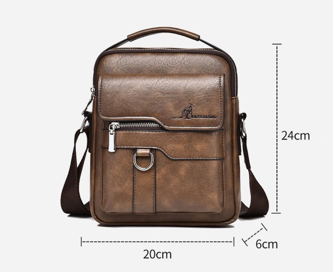 Brown shoulder utility bag showing dimensions 20cm by 24cm by 6cm