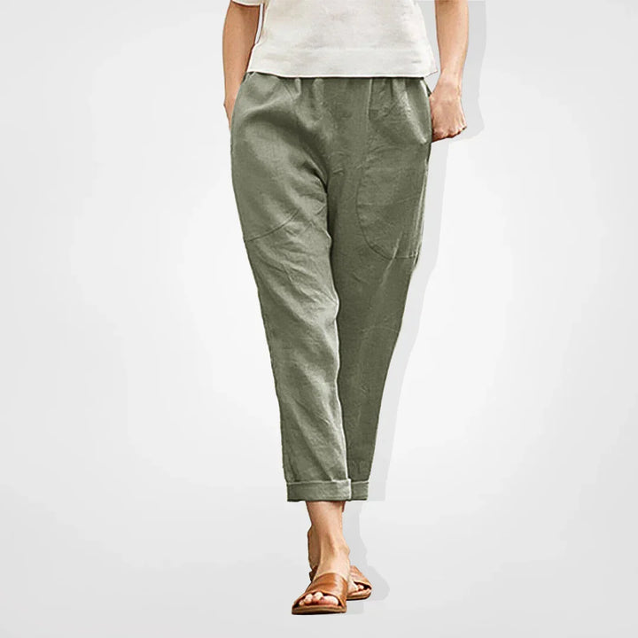 Close-up of functional side pockets on summer fashion linen pants for women