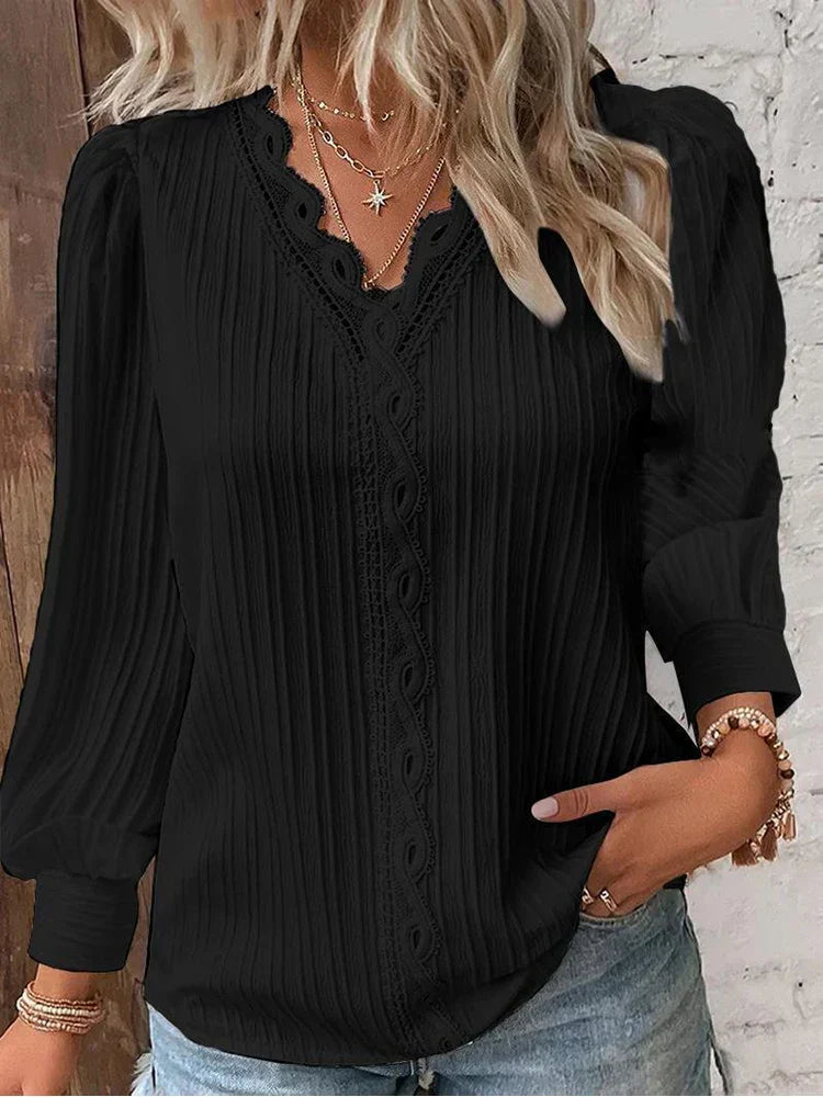 Delilah women's black V neck ribbed long sleeve blouse