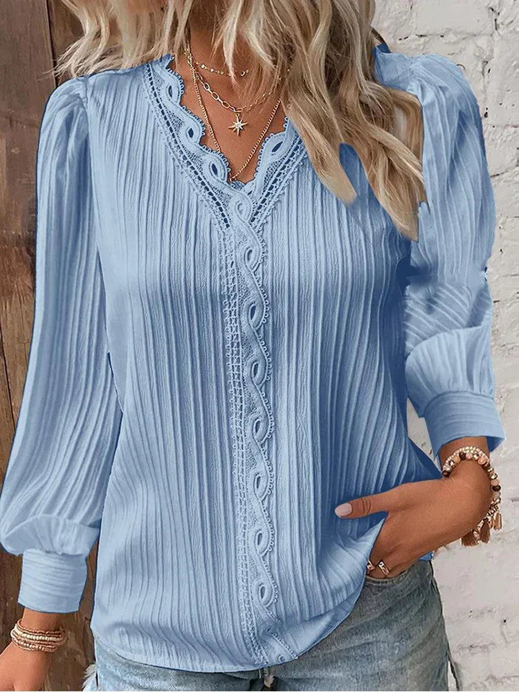 Delilah women's light blue V neck ribbed long sleeve blouse