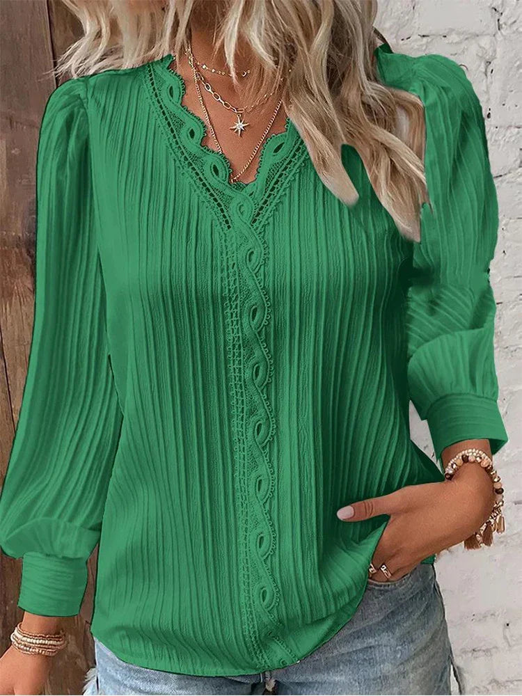 Delilah women's green V neck ribbed long sleeve blouse