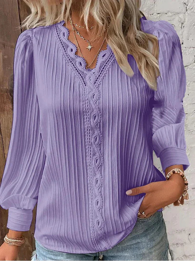 Ribbed long sleeve blouse for women with a flattering V-neckline