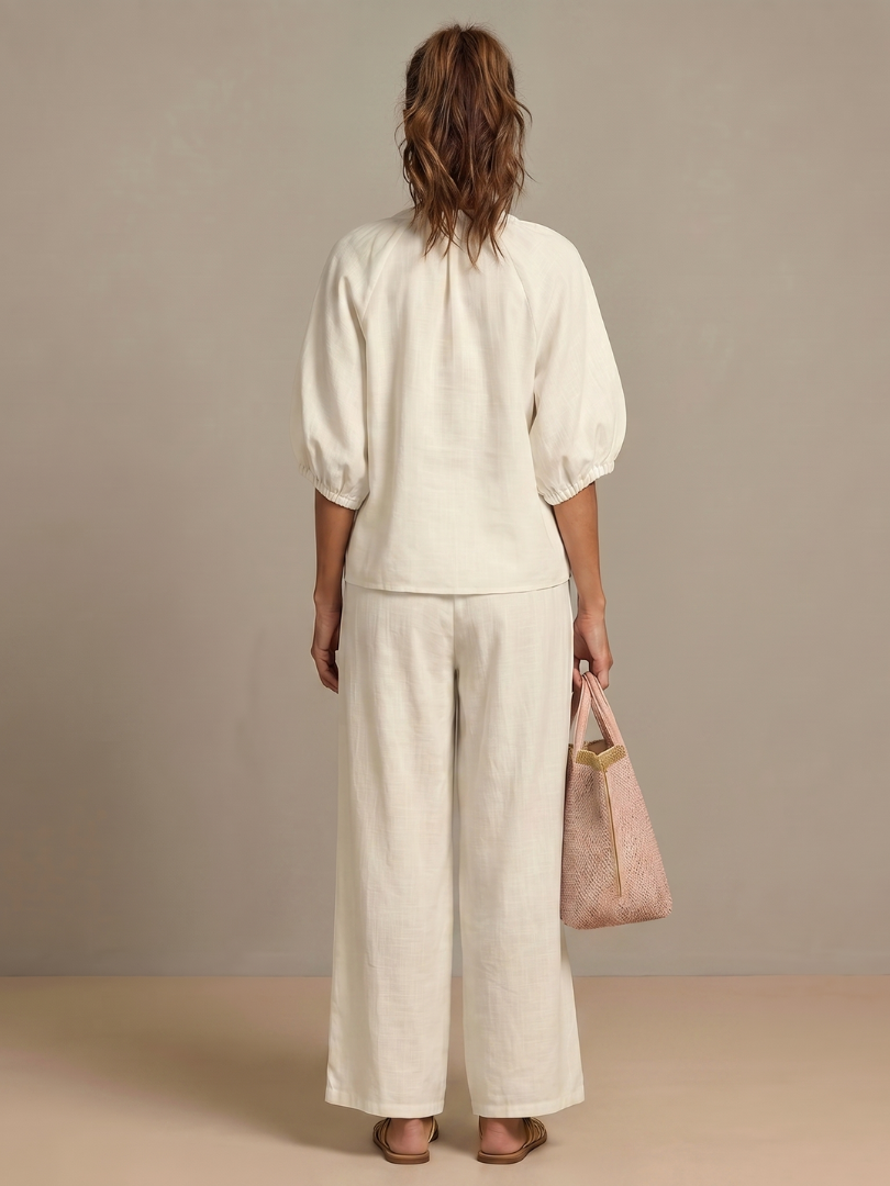 Breathable summer outfit featuring a coordinated top and wide leg pants