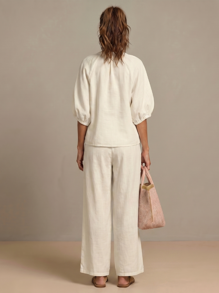 Breathable summer outfit featuring a coordinated top and wide leg pants