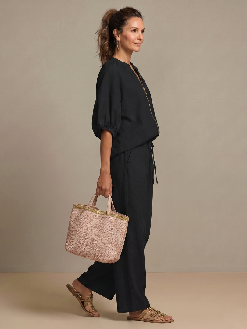 Relaxed fit casual wear set featuring a lightweight zip-top and trousers