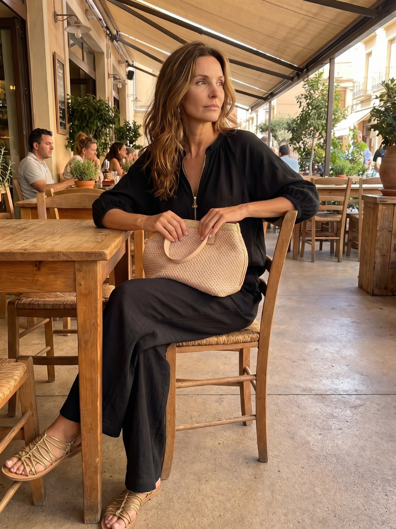 Final full-length look of the stylish zip-front blouson top and pants co-ord