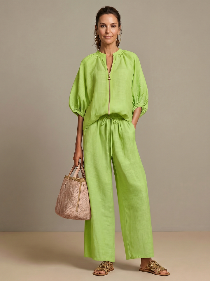 Plus size fashion co-ord set with a comfortable zip-front top and pants