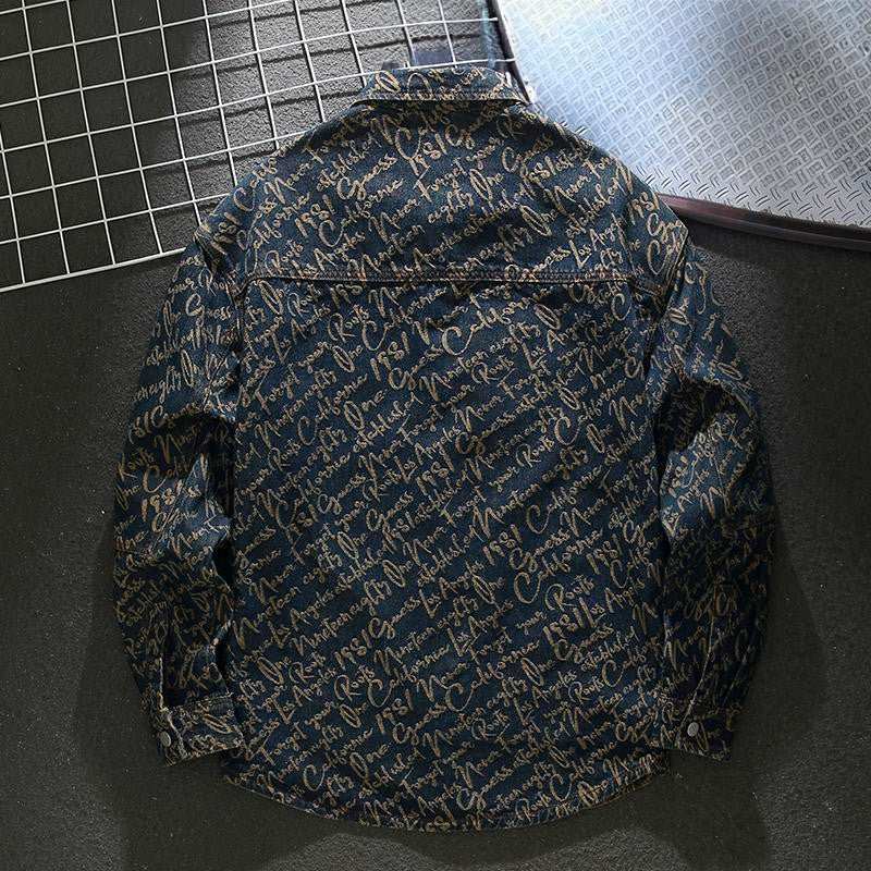 Back view of mens embroidered script denim jacket showing casual outerwear fit