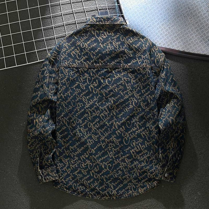 Back view of mens embroidered script denim jacket showing casual outerwear fit