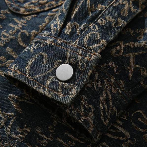 Side profile view of relaxed fit mens denim jacket with everyday fashion style