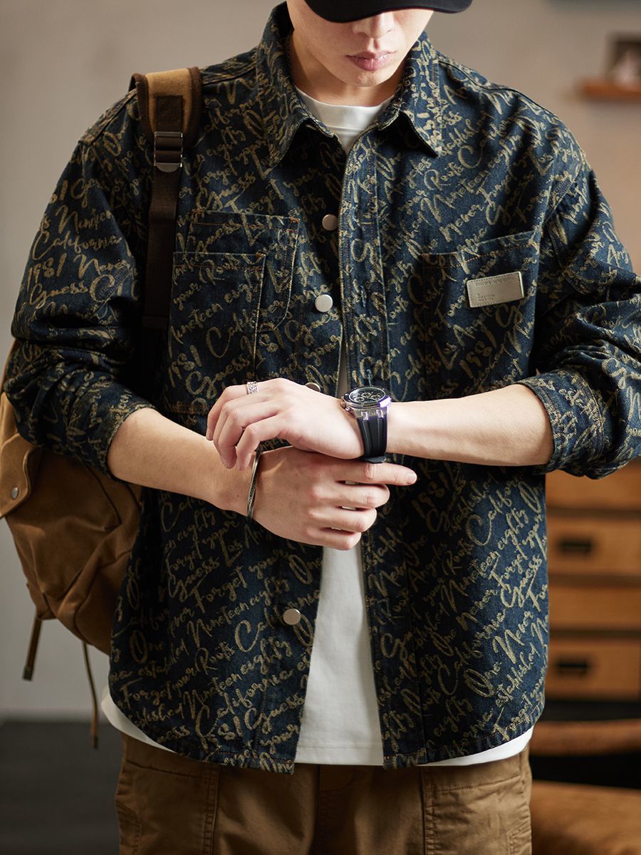 Interior label and durable denim fabric construction of mens embroidered jacket