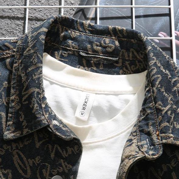 Mens casual denim jacket collar and button up front closure detail