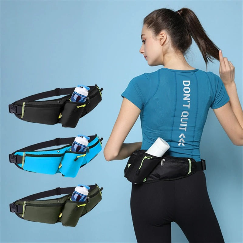 Three colorful waterproof running belts displayed with a runner wearing one