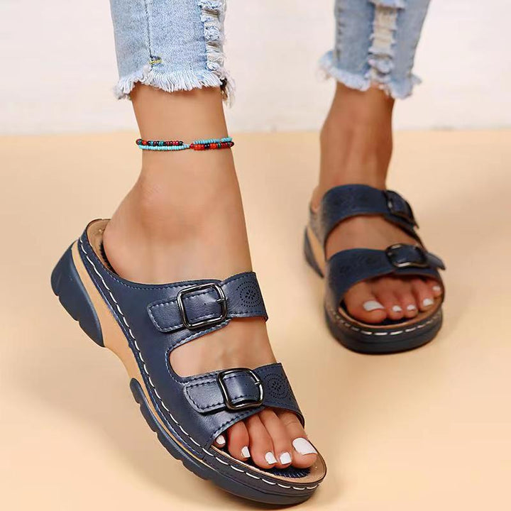 Women's double buckle comfort slide sandals in casual beige summer style