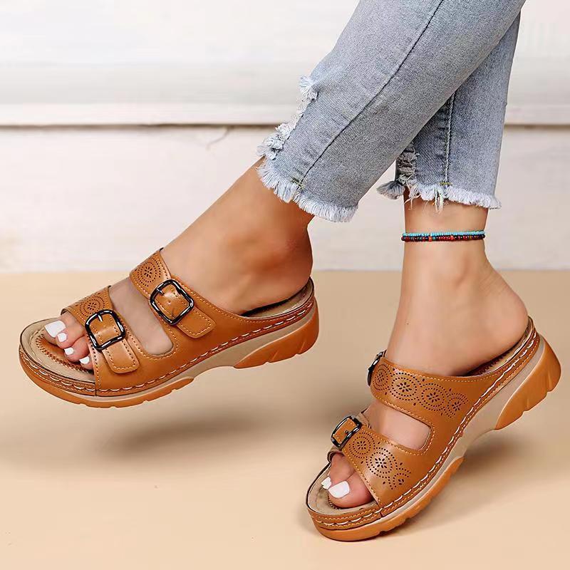 Close-up of adjustable straps on women's comfort slide sandals