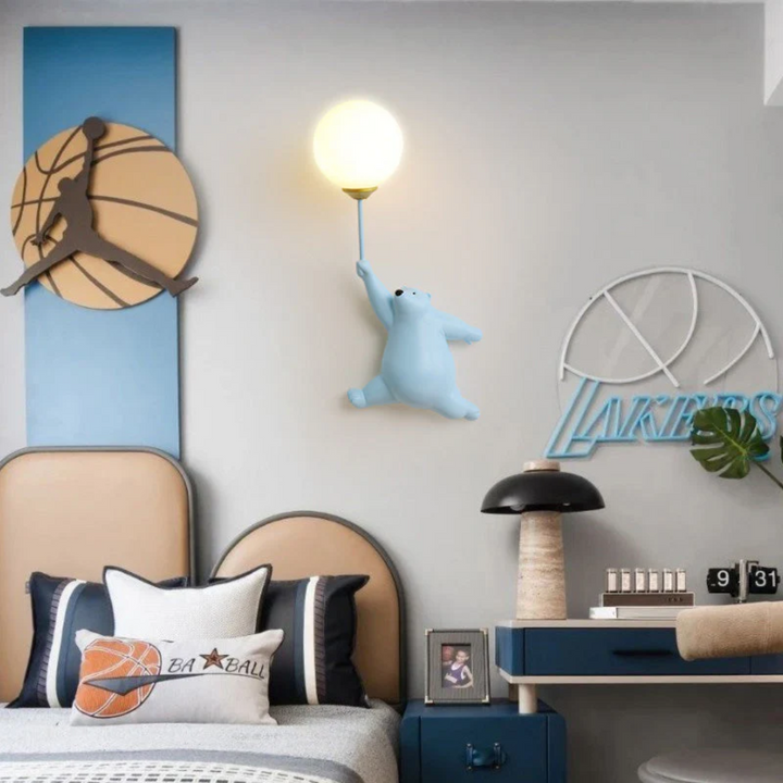 Charming bear kids room decor wall lamp shown from a side angle view