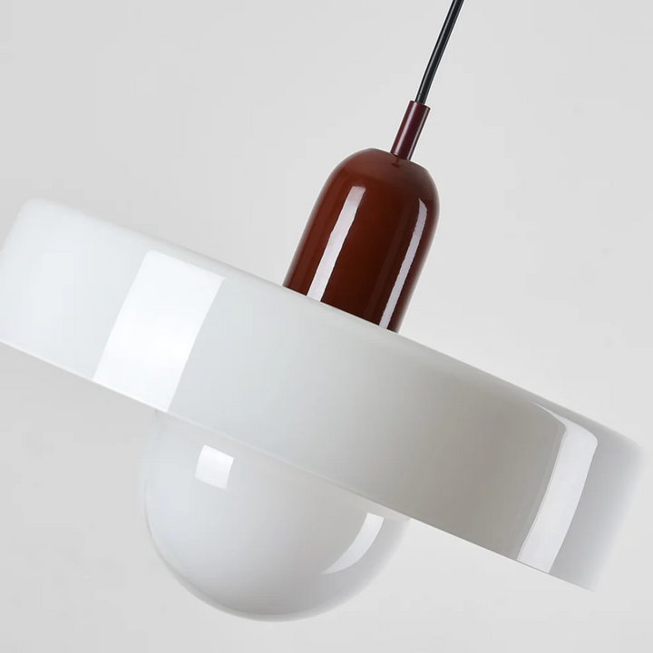 Modern LED pendant lamp turned on, showing vibrant light diffusion
