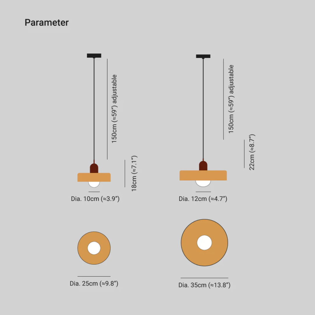 Technical drawing and dimensions parameter guide for 25 cm and 35 cm pendant lamps