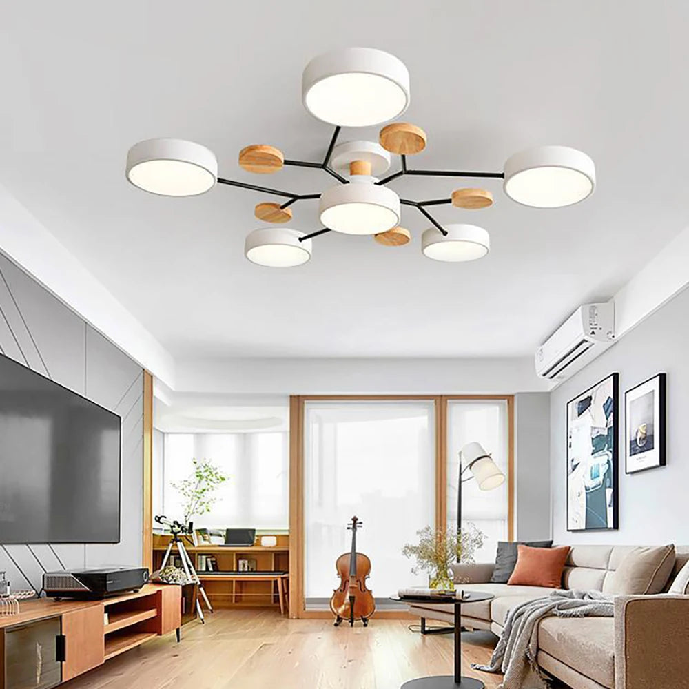 White modern designer slim LED ceiling lamp installed in a contemporary living room