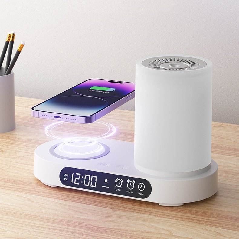 AromaGlow Luxe Desktop Diffuser in white finish demonstrating wireless phone charging capability