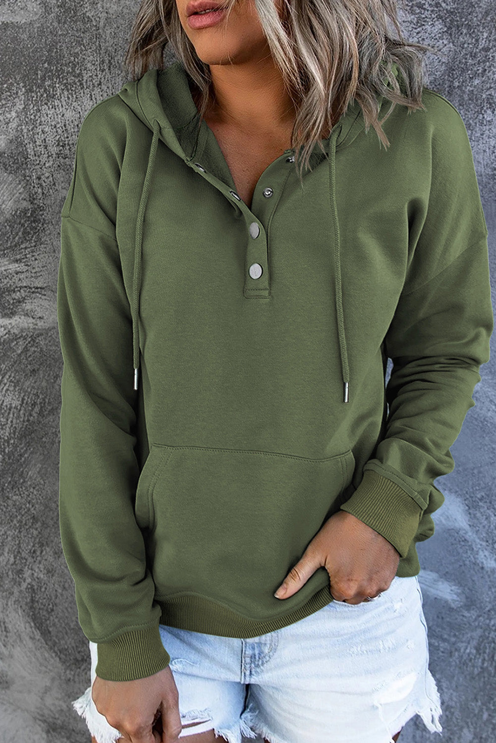 Women's Amara cosy hooded sweater in green, front view